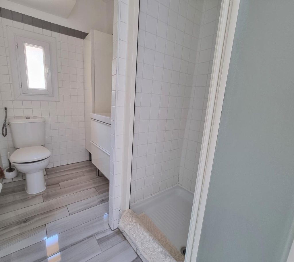 Bathroom with shower cubicle, large sink & a toilet
